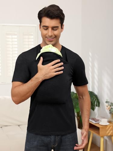 Side view of man wearing baby carrier t-shirt