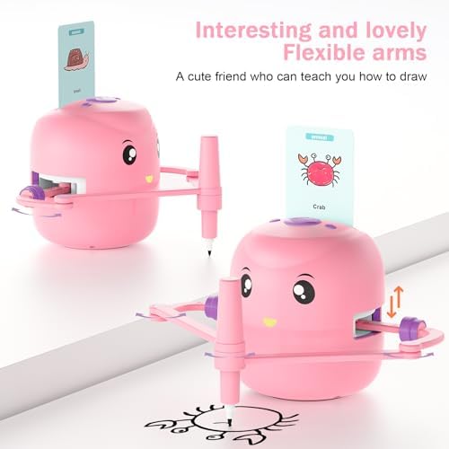 Magic drawing robot machine surrounded by sixteen colorful pens and educational word cards.