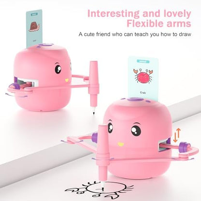 Magic drawing robot machine surrounded by sixteen colorful pens and educational word cards.