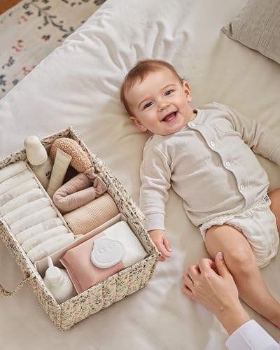 Blissful Diary diaper caddy used as a portable baby station in living room