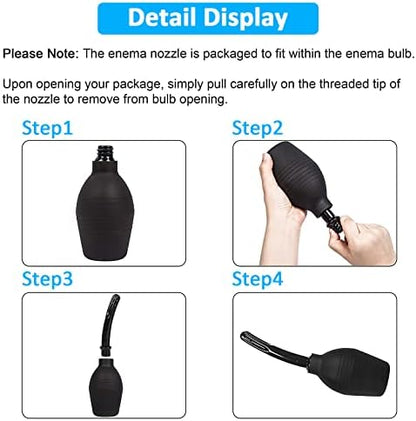 Black 10 ounce enema bulb with removable medical grade nozzle.