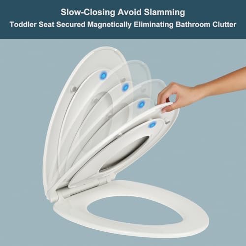 MermoGuiny 2-in-1 family toilet seat with the integrated toddler potty training ring flipped down for child use.