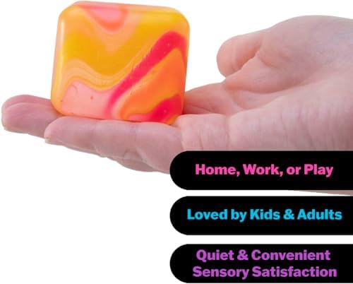 Hand squeezing a purple and blue marbled sensory cube showing the solid squish
