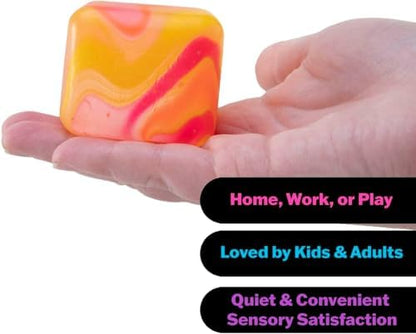 Hand squeezing a purple and blue marbled sensory cube showing the solid squish