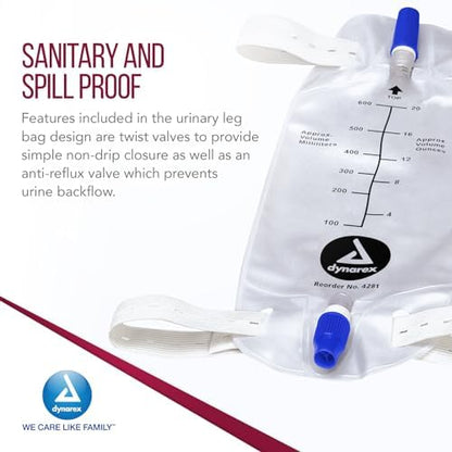 Sterile Dynarex leg bag with adjustable straps for secure leg attachment.