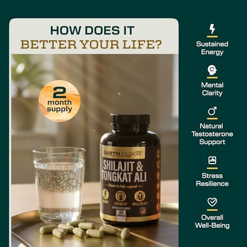 Earth Elixir Shilajit 1000mg and Tongkat Ali 400mg dietary supplement bottle with ingredients label visible.