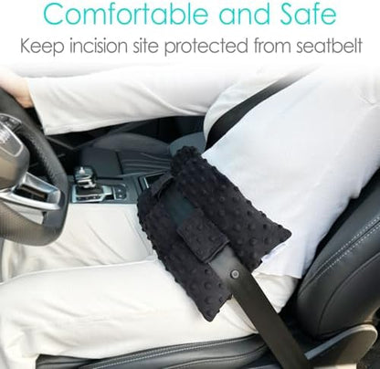 D. Cozy post surgery abdominal pillow attached securely to a standard vehicle seatbelt