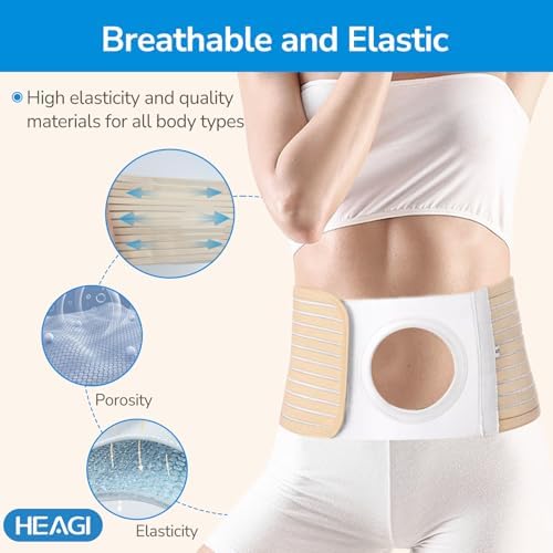 Detailed illustration demonstrating the exact placement of a colostomy bag through the Heagimed belt opening.