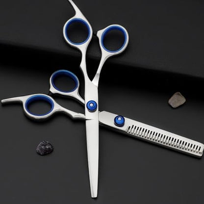 Newaner straight hairdressing scissors laid flat showing the premium ergonomic handle grip and tension adjustment screw