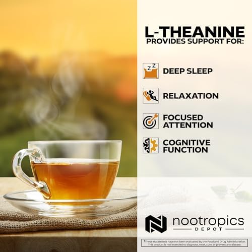 Nootropics Depot L-Theanine container showing vegan and non-GMO certifications