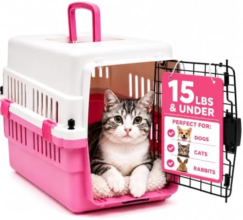Freepet portable plastic dog crate showing wire door spring lock mechanism