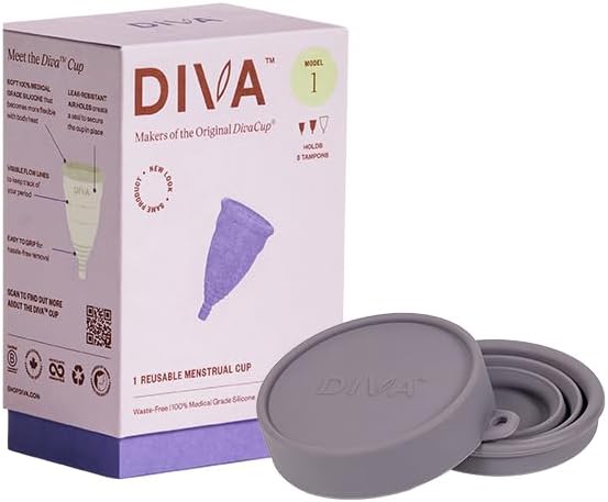 DivaCup Model 1 packaging for medium to heavy flow reusable period protection.