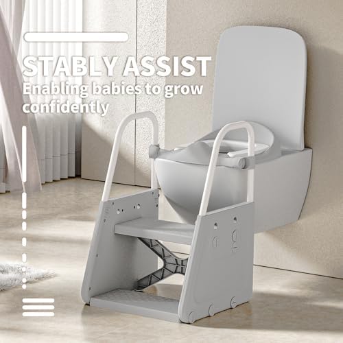 Foldable toddler bathroom step stool being adjusted to fit a standard home commode