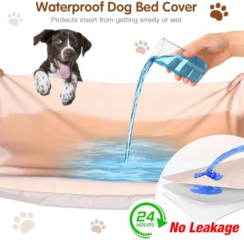 Leak proof dog bed protective liner being fitted over a round foam insert