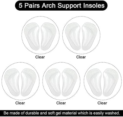 Five pairs of Dr. Foot arch support inserts displayed for multi-shoe usage.