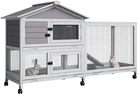 GarveeLife Rabbit Hutch with Weatherproof Asphalt Roof, Bunny Hutch with Wheels & Pull-Out Tray, Rabbit Cage Guinea Pig Cages for Small to Medium Animals, Indoor Outdoor Use, Grey - Image 2