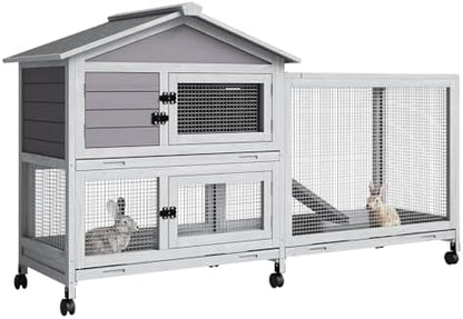 GarveeLife Rabbit Hutch with Weatherproof Asphalt Roof, Bunny Hutch with Wheels & Pull-Out Tray, Rabbit Cage Guinea Pig Cages for Small to Medium Animals, Indoor Outdoor Use, Grey - Image 2