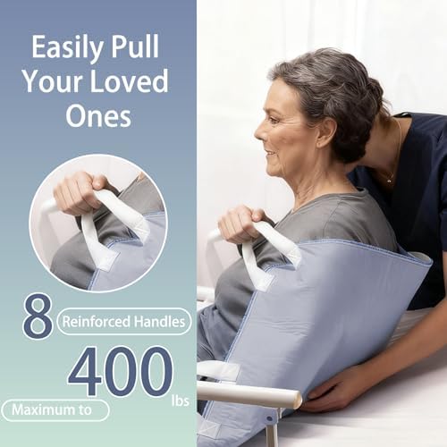 Caregiver utilizing the heavy-duty nylon handles on the GOJVT mobility underpad to turn an adult patient