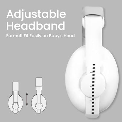 Baby wearing white noise protection earmuffs for travel
