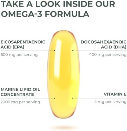 Easy to swallow enteric-coated softgels placed next to the Primal Harvest Omega 3 amber supplement bottle.