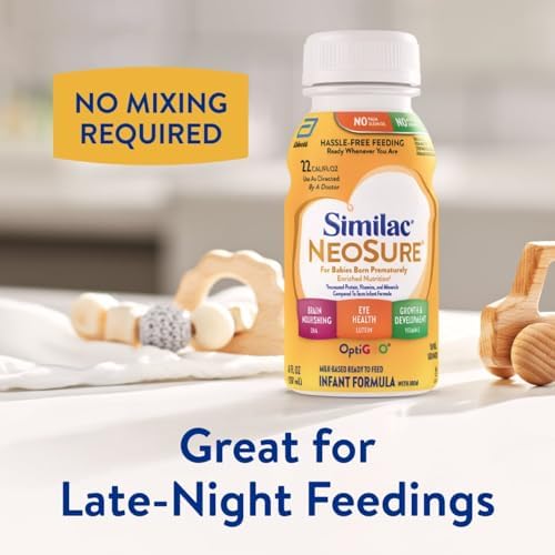 Similac NeoSure ready to feed pre mixed liquid formula bottle showing DHA and lutein brain development benefits