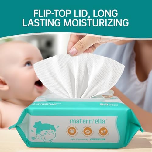 Single MATERN'ELLA sensitive skin wet wipe pulled out to show the soft texture and size.