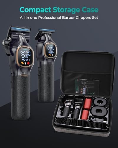 Complete VGRPRO professional hair cutting kit packed securely inside the black travel storage case with guide combs.