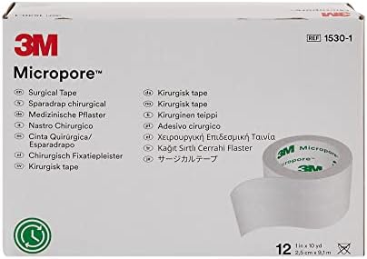 Twelve rolls of white medical paper tape arranged neatly outside the box.