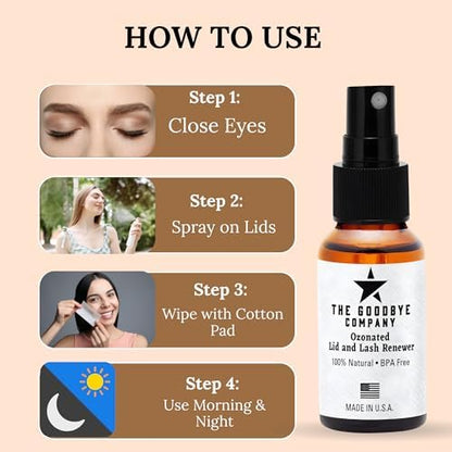 Ozonated Lid and Lash Renewer packaging highlighting made in USA and natural ingredients