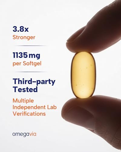 OmegaVia triple strength omega 3 supplement label displaying 1135mg nutritional facts
