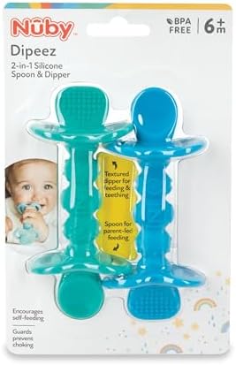 The dual ended baby spoon demonstrating the traditional spoon side and the texturized teether handle side