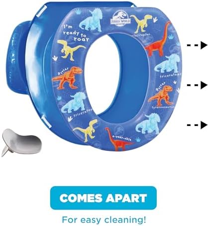 Close up of the soft contoured protective splash guard attached to the dinosaur potty seat