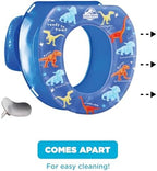 Close up of the soft contoured protective splash guard attached to the dinosaur potty seat
