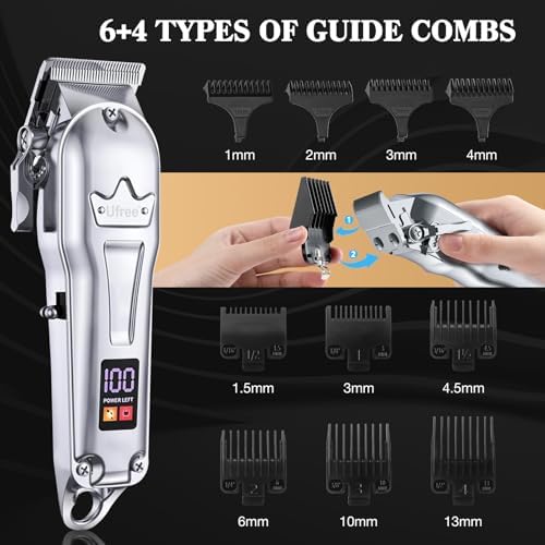 Ufree electric hair trimmer and clipper set showcasing the sleek ergonomic metallic handle design for barber styling.