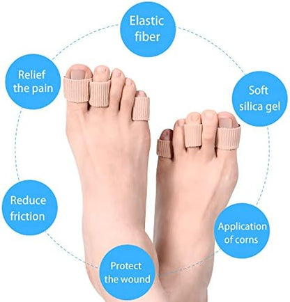 Durable fabric coated gel protectors being applied to a toe for friction reduction.