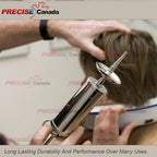Three ounce chrome finished ear irrigation syringe with ring handle.
