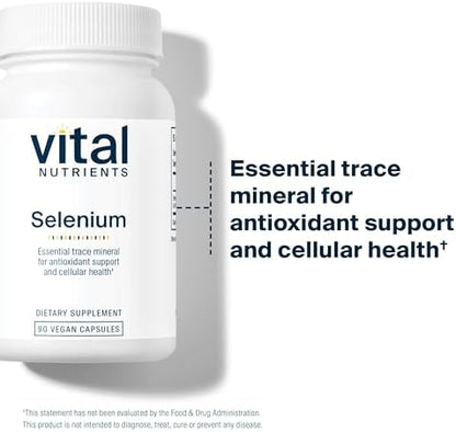 Side view of Vital Nutrients Selenium supplement bottle highlighting the vegetable capsules and purity standards.