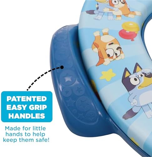 Close-up of the patented easy-grip handles on the Bluey toddler training ring.