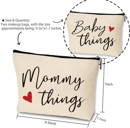 Sahjzk beige canvas pouches showing Mommy Things and Baby Things labels