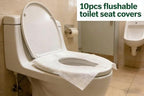 Soft natural wood pulp travel toilet cover being placed onto a public restroom seat
