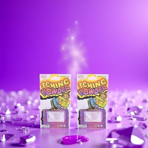 Close up of the purple funny itching powder packaging for gag gift ideas.