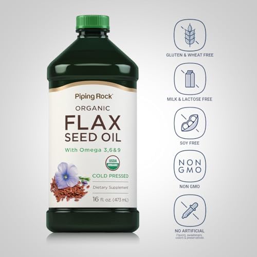 Back label of Piping Rock organic flaxseed liquid showing usage instructions and ingredients.