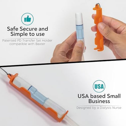 MandMcares Baxter transfer set neck pouch demonstrating how it replaces traditional skin irritating adhesive medical tapes.