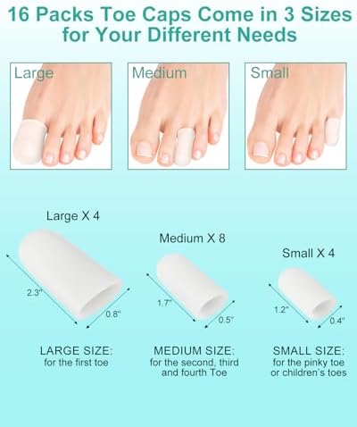 Assorted sizes of Uwbettry gel toe caps including large medium and small variants.