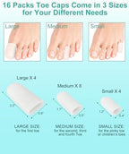 Assorted sizes of Uwbettry gel toe caps including large medium and small variants.