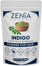 Close up of Zenia 100g indigo powder packaging
