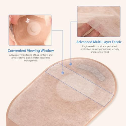 Heagimed drainable ostomy pouches showing the soft non woven fabric backing and closure system
