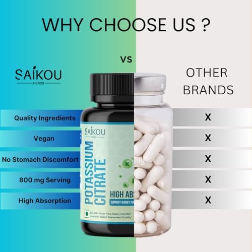 Side view of Saikou Herbs Potassium Citrate high absorption mineral supplement packaging details.