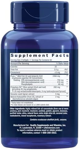 Life Extension premium marine lipid supplement showing supplement facts and ingredient panel