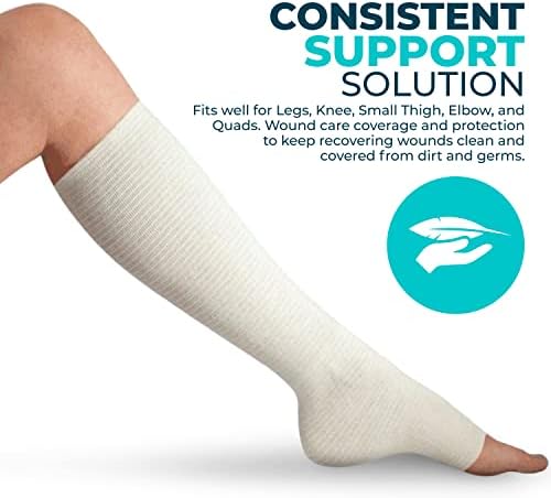Medical grade tubular bandage being applied to a thigh for edema relief